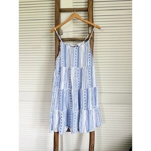 Mile Gabrielle Tiered Dress - Sleeveless Casual Sundress Blue White - Size S